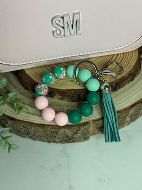 Pink and Green Silicone Beaded Tassel Keychain, Miniature Sized Wristlet
